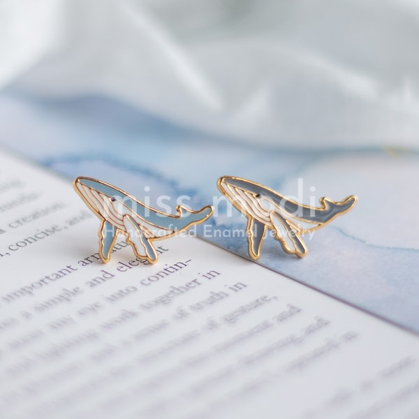 Humpback Whales Earrings- brass- 24K gold plated- Steel stud- Enameled Earrings- Sea Life earrings- Cute Gift- Stud earrings