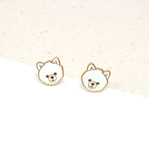 White Pomeranian Enamel Earrings: 24K Gold-Plated Dog Studs
