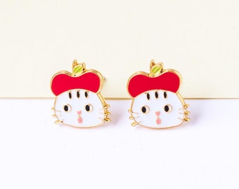 Kitty Apple Enamel Stud Earrings- brass- 24K gold- steel stud- cat earrings- Animal jewelry- fun cat gift- Cat jewelry- stud earrings