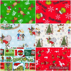 Classic Suess How the Grinch Stole Christmas Merry Grinchmas Red Green Yellow Blue White Stars strips 12 days fabric fat quarters