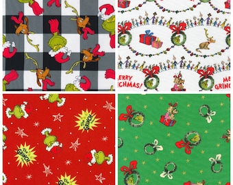 Classic Suess How the Grinch Stole Christmas Merry Grinchmas Red Green Yellow Blue White Stars Black White Plaid fabric fat quarters