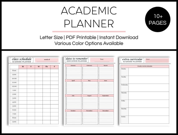 academic planner assignment tracker class schedule study notes schedule printable planner pdf instant download assignment schedule