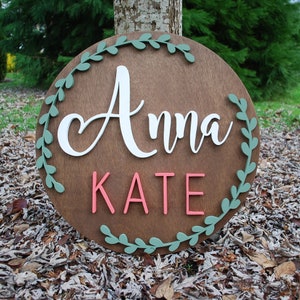 24&quot; Round Wood Name Sign | 3D Name Nursery Sign| Baby Girl Nursery| Custom Name Sign| Laurel Detail
