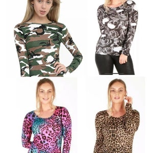 Womens Ladies Long Sleeve Stretch Plain Round Scoop Neck T Shirt Top assorted
