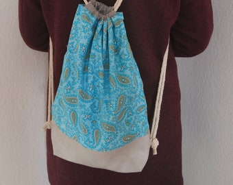 Mochila paisley polipiel gris, bolsa de gimnasio con cordón, mochila de tela, mochila de tela, bolsa de gimnasio turquesa, mochila hecha a mano, bolsa de gimnasio
