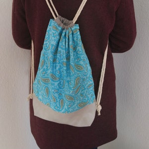 Backpack paisley faux leather grey, gym bag with cord, backpack made of fabric, fabric backpack, gym bag turquoise, handmade backpack, gym bag