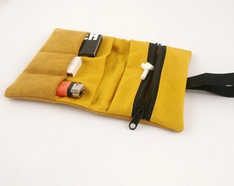 Tobacco pouch, tobacco pouch imitation leather, mustard yellow, imitation suede, soft, light, lined, handmade, yellow, many compartments