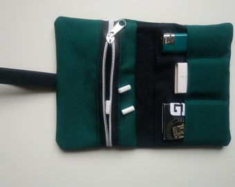Tabaktasche dunkelgrün, Tabaktasche grün, Tabakbeutel mit vielen Fächern, Tabaktasche mit Gummiband, Tabaktasche Baumwollstoff