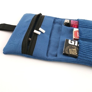Blague à tabac en velours côtelé bleu, blague à tabac bleue, blague à tabac en velours côtelé bleu jeans, blague à tabac bleu jeans, blague à tabac à plusieurs compartiments