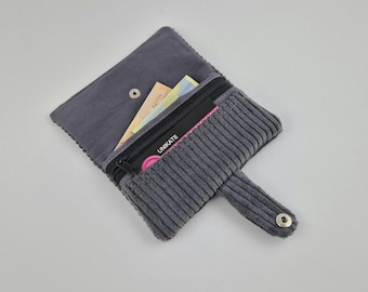 Corduroy wallet in grey, small wallet, mini purse, coin pocket, card slot, handmade wallet