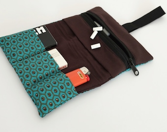 Tabaktasche Türkis Braun, Tabaktasche mit vielen Fächern, Drehertasche türkis, Tabaktasche selbst genäht, Tabakbeutel türkis, Tabaktasche