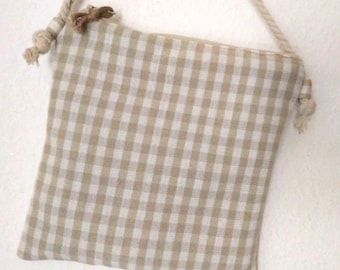 Bag beige checked with cord, small shoulder bag boho, fabric bag with cord checked, flat shoulder bag beige white