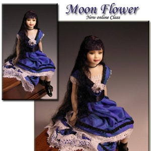 May include: A miniature doll with long black hair and a blue dress with white lace trim. The doll is seated on a wooden surface. The image includes the text "Moon Flower New online Class".
