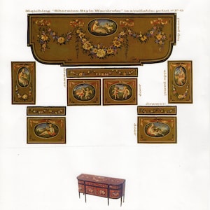 Puede incluir: Ilustración detallada de un aparador en miniatura al estilo Sheraton, con intrincados motivos florales y figuras clásicas. El diseño incluye un panel superior, paneles laterales, cajones y puertas. El texto dice "Sideboard in Sheraton style" y "Mini Decoupage Cat# F-5".