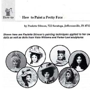 Può includere: Immagine in bianco e nero di una copertina di libro intitolata "How to Paint a Pretty Face". La copertina presenta illustrazioni di volti di bambole in cornici circolari. Sono visibili anche il nome e l'indirizzo dell'autore.