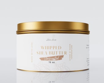 Puede incluir: Una lata dorada de manteca de karité batida sin perfume. La etiqueta dice "Shea Love Whipped Shea Butter Unscented 16 oz" y "Made with Love" en el lateral.  Almacenar a temperatura ambiente.