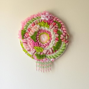 WaterLily- 10” Round Pink, Green, Beaded Weaving, Wall Hanging, Wall Art, Boho, Home Decor, Fiber Art, Gift, Present, Nursery Art