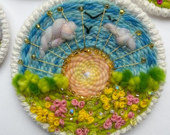 Spring Daze- 5” Round Hand Embroidered Weaving, Wall Hanging, Wall Art, Fiber Art, Gift, Present, Birthday, Nursery