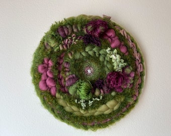 Heliotrope- 10” Round Green, Purple Garden Weaving, Wall Hanging, Wall Art, Home Decor, Fiber Art, Gift, Nursery Art, Wall Decor, Present