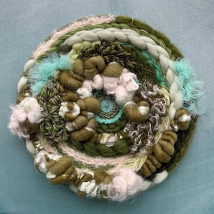 Garden Mist- Green & Aqua 10” Round Weaving, Wall Hanging, Wall Art, Wall Decor,  Tapestry, Fiber Art, Gift, Nursery