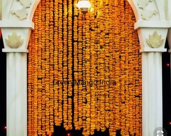 Free Express Ship 30 Pcs fresh like artificial Mango Orange marigold flower string party backdrop, Indian wedding decor, photo prop garland