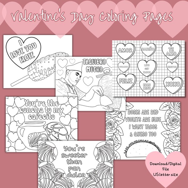 Instant Download of 6 Latino inspired Valentines Day Coloring Page for all Ages, Coloring Pages, Instant Download, Valentines Day Craft