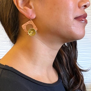 GROW Angular Sculptural Dangle Earrings: Hammered Metal, Accent Bead