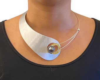 MOON Truly Asymmetrical Elegant Metal Collar Necklace-Front Closure and Simulated Pearl and Jade Accent Bead Options