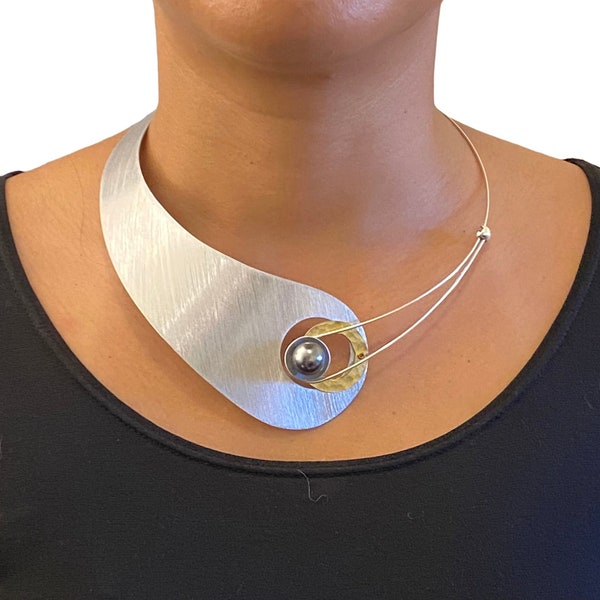 MOON Truly Asymmetrical Elegant Metal Collar Necklace-Front Closure and Simulated Pearl and Jade Accent Bead Options