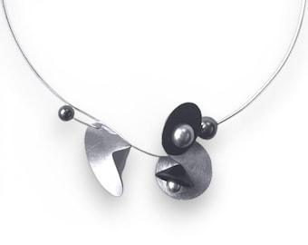 SOUND | VOLUME 3 Multi-Directional Conical Amplification Necklace with Recycled Record Vinyl and Simulated Pearls