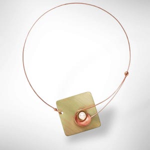 DAWN Small Angular Metal Necklace, Brass, Aluminum or Copper with Pearl or Jade