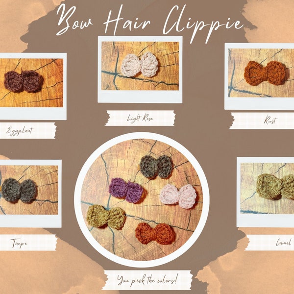 Set of 5 Crochet Bow Hair Clippies | 50+ Colors | Made to order | Handmade | Fall Clip | Autumn Hair Clip | Halloween | Birthday | Spring