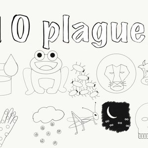 May include: Black and white line drawing illustration of the 10 plagues of Egypt. The plagues are depicted as: water turning to blood, frogs, lice, flies, pestilence, boils, hail, locusts, darkness, and death.