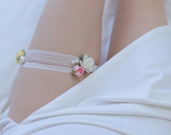 The "Harper" Garter with embroidered Vows | Customizable Wedding Garter Embellished with Pearls and Silk Roses | Keep Garter | Toss Garter