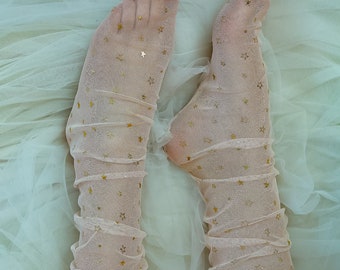 Caelia Tulle Socks | Blush Peach Starry Tulle Socks | Sheer Mesh socks | Blush Starry Tulle Socks | Peach Tulle Socks