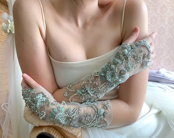 Symphony of The Sea Gloves| Embroidered Mint Blue Sheer Tulle Gloves| Vintage Embellished Designer Bridal Mesh Gloves | Something Blue Glove