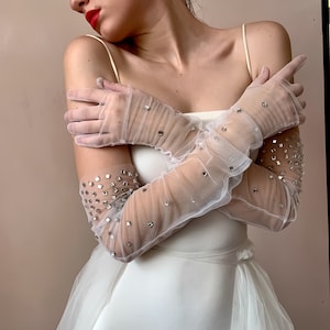 Stardust Sheer Jeweled Tulle Gloves | White Embellished Bridal Wedding Gloves | Vintage Victorian Bridesmaid Gloves | Rhinestone Rave Gloves