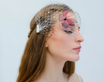 The "Barbie Bride" by KERRY PARKER- ARIANA Birdcage Veil| Barbie themed bridal butterfly veil | Bachelorette French Veil| Russian Cage Veil