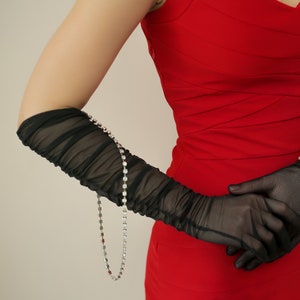 Donatella Chandelier Ruched Long Gloves | Black Sheer Ruffled Vintage Gloves | Rhinestone Fringe Tulle Victorian Black Wedding Dress Gloves