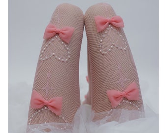 The "Barbie Bride" by KERRY PARKER- BERTA Fishnet Stockings | Bridal Tights | Pink Wedding Pantyhose | Cottage Core Pink Bow Mesh Leggings