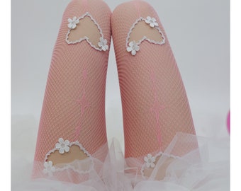 The "Barbie Bride" by KERRY PARKER- VERO Fishnet Stockings| Barbie themed Bridal Tights | Heart wedding tights | Pink Nylon Mesh Pantyhose