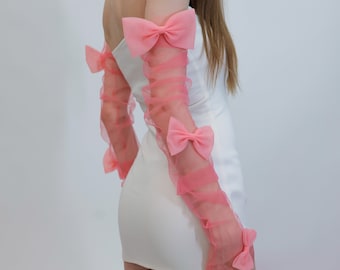 The "Barbie Bride" by KERRY PARKER- Esther Gloves | Barbie pink wedding gloves | Big Bow detailing Colorful Pink Tulle Gloves | Ruched Sheer
