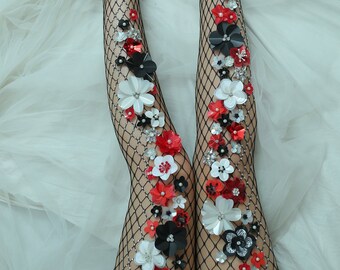 Lady in Red Fishnet Stockings | 3D Flower Vintage Wedding Pantyhose | Gothic pinup Burlesque Mesh Tights | Mermaid Red Black Cosplay Fishnet