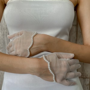 Epiphany Pearly scalloped Gloves in Wrist Length & Elbow Length | Tulle Gloves with Pearls | Bridal Wedding Tulle glove | Bridesmaid Gloves