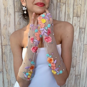 Serendipity Gloves | Floral Embroidered Swarovskii Jeweled Tulle Gloves | Colorful Weding gloves Bridesmaid Gift Gloves | Vintage Victorian