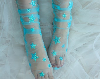 Twinkles Tulle Socks | Starry Mesh Socks | Sparkly Stars Tulle Socks | Glitter Stars Tulle Socks | Festival Socks