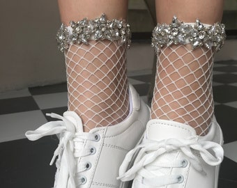 Jewel Encrusted White Fishnet Socks | Crystal Socks | Bejeweled Fishnet Socks | Sexy Ankle Fishnet Socks