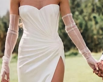 Diana Classic Fingerless Custom Sheer Plain Tulle Gloves | White Ruched Bridal Wedding Glove | Opera/ Elbow Length Mesh Glove(NO EMBROIDERY)