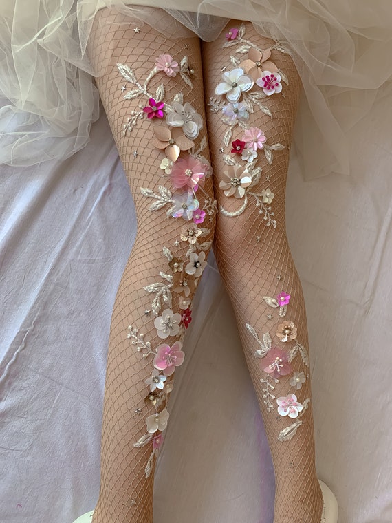 British Rose Fishnet Stockings Embroidered Floral Wedding Vintage Tights  White Bridal Pantyhose Floral Vine Fishnets Mermaid Tights 