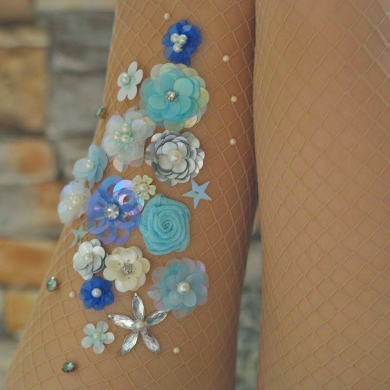 blue flower fish nets Vanilla Blue Fishnet Tights | Flower Vintage Stockings | Wedding Pantyhose  | 3D Flower Pinup Tights